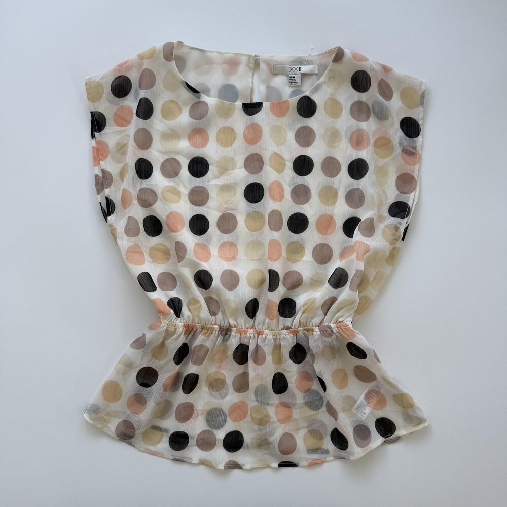 XXI Blouse Womens M Multicolor Polka Dot Chiffon Scoop Neck Elastic Waist Top